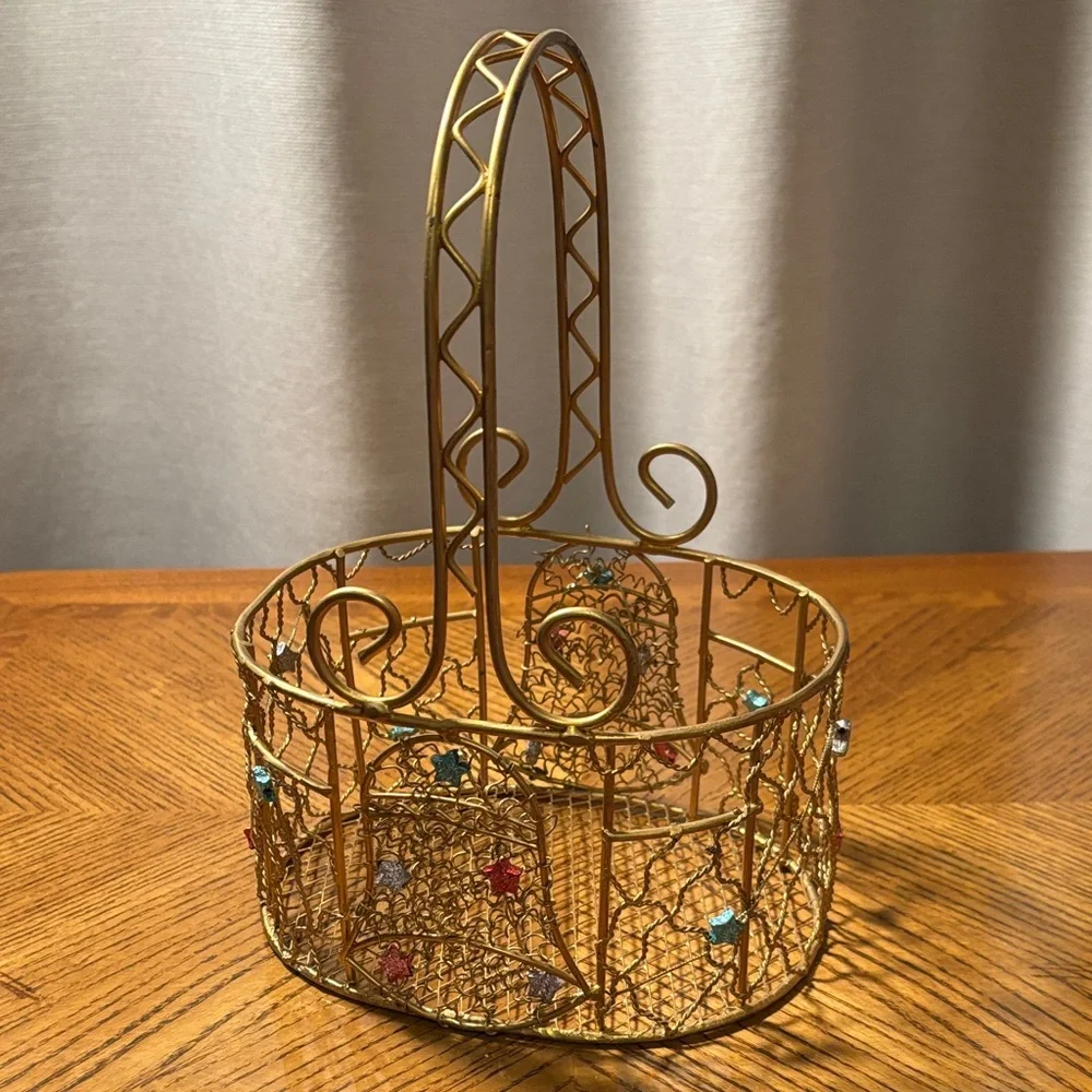 Gold Wire Basket with Multicolor Accents Holiday Decor